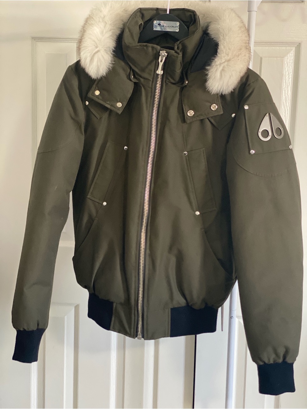 Moose Knuckles Olive Green Puffer Jacket with Fur-Trim Hood